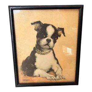 VINTAGE FRAMED ART FLORENCE KROGER 50'S BLACK WHITE DOG BOSTON TERRIER 8 X 10